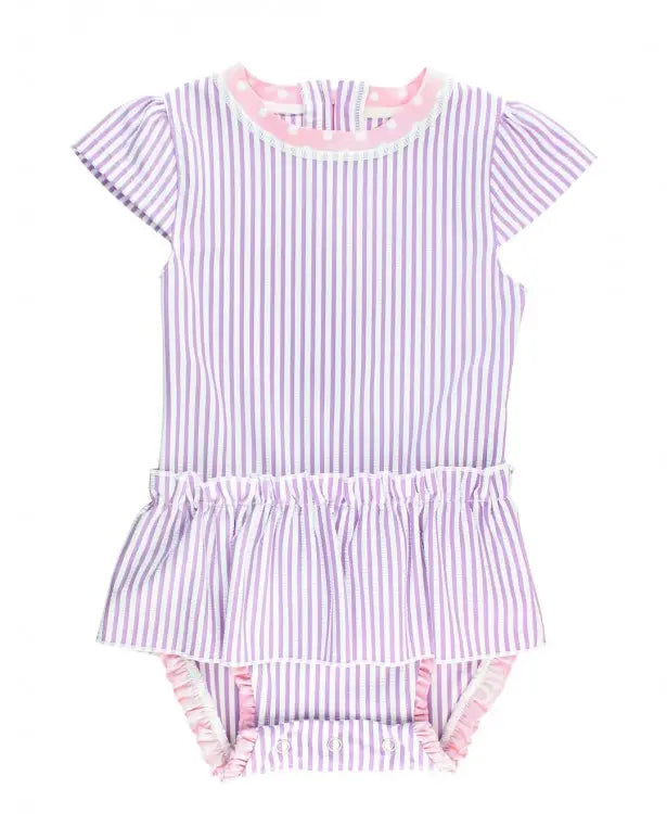 RUFFLEBUTTS RuffleButts Lilac Seersucker Peplum One Piece Bow Swimsuit - Adorababy.co.uk