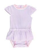 RUFFLEBUTTS RuffleButts Lilac Seersucker Peplum One Piece Bow Swimsuit - Adorababy.co.uk