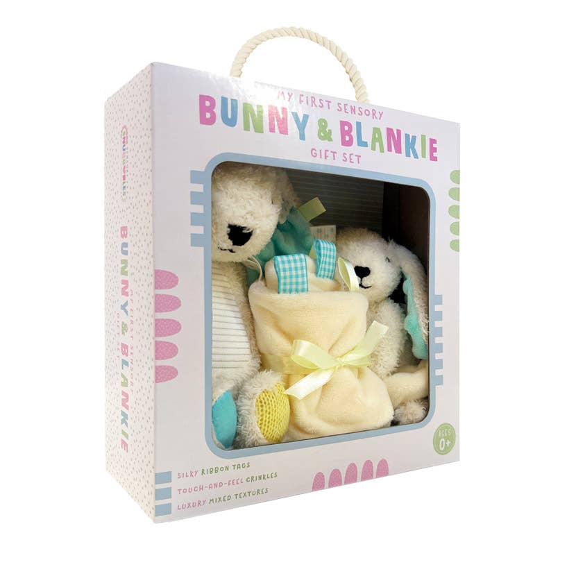 Gift set with teddy bear, blanket, and yellow egg in a decorative box labeled 'Bunny & Blankee'.