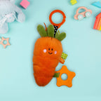 Carrot-shaped teething toy with a smiley face on a light blue background - AdoraBaby.co.uk