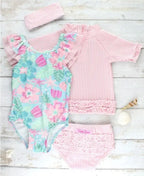 RUFFLEBUTTS RuffleButts Pink Seersucker Rashguard Ruffled Bikini - The Baby Place