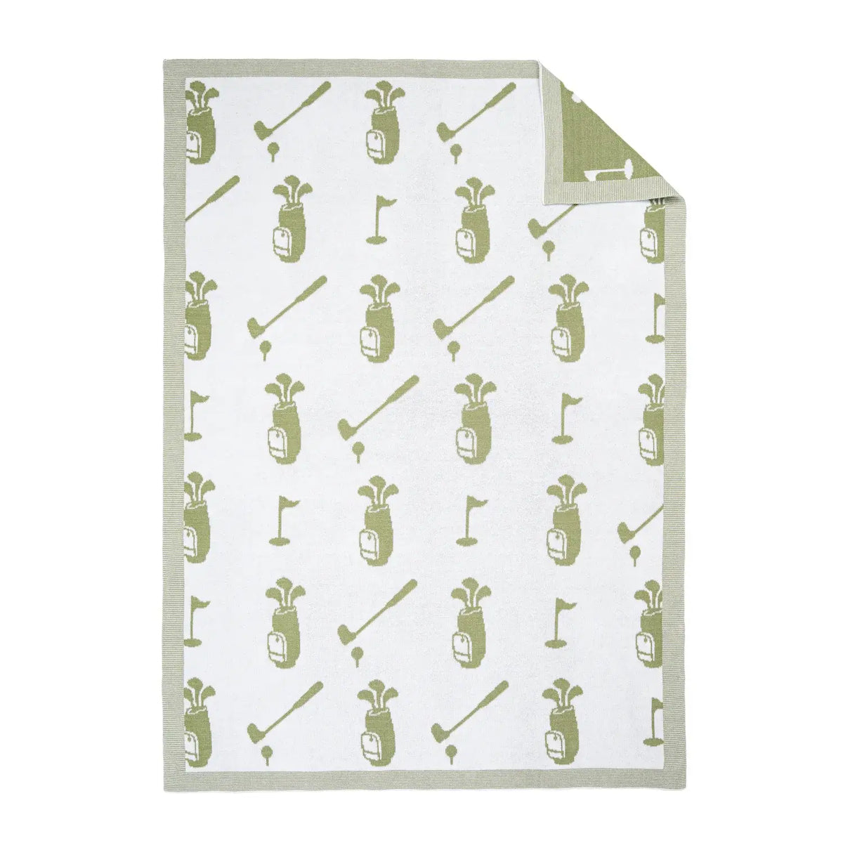 Golf-themed baby blanket with patterns of golf bags, clubs, and flags on a white background