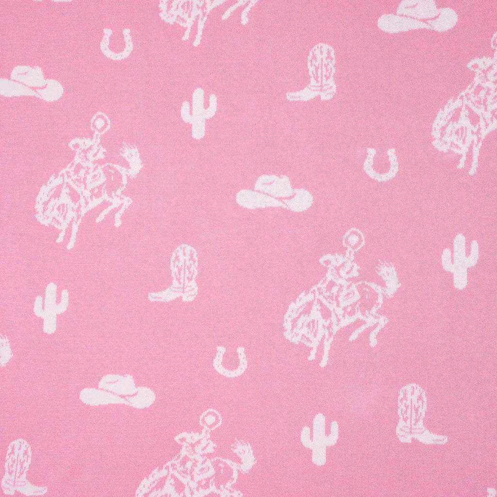 Pink Baby Girls Western Blanket | Cowgirl & Country Design | AdoraBaby Pink fabric with a white western-themed print featuring cacti, cowboy and rider motifs, horseshoes, and cowboy boots.