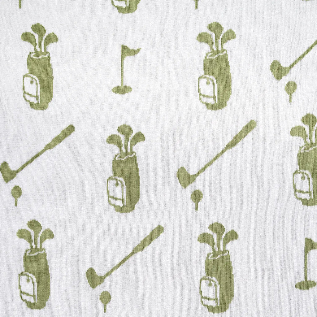A close-up of a golf-themed pattern featuring olive green silhouettes of golf bags, clubs, flags, and tees on a white background.