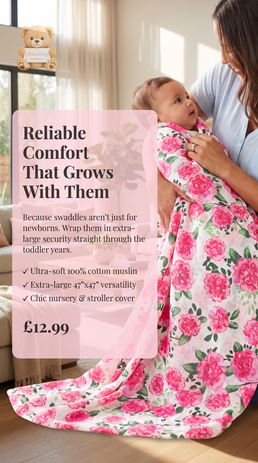 Pink Peony Print Cotton Muslin Baby Swaddle Blanket