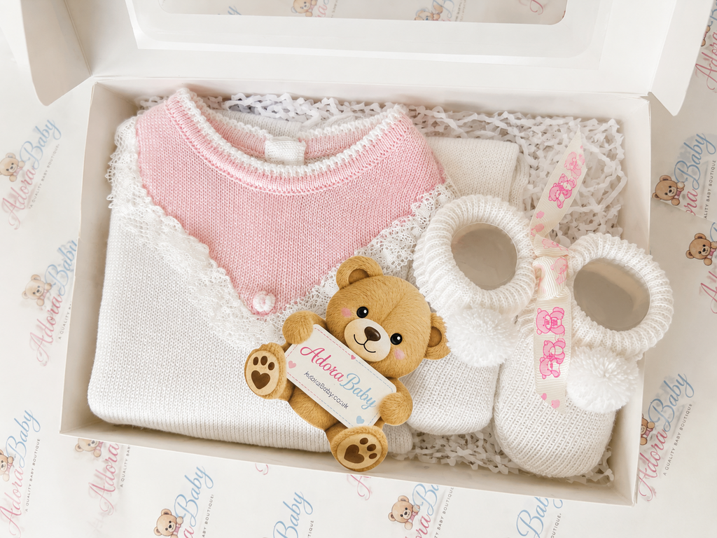 Ad orababy.co.uk baby gift set in a white box, featuring a pink and white knit baby wrap, white knit booties with a pink bow, a small plush teddy bear, and apaw-print tag on a lace insert.