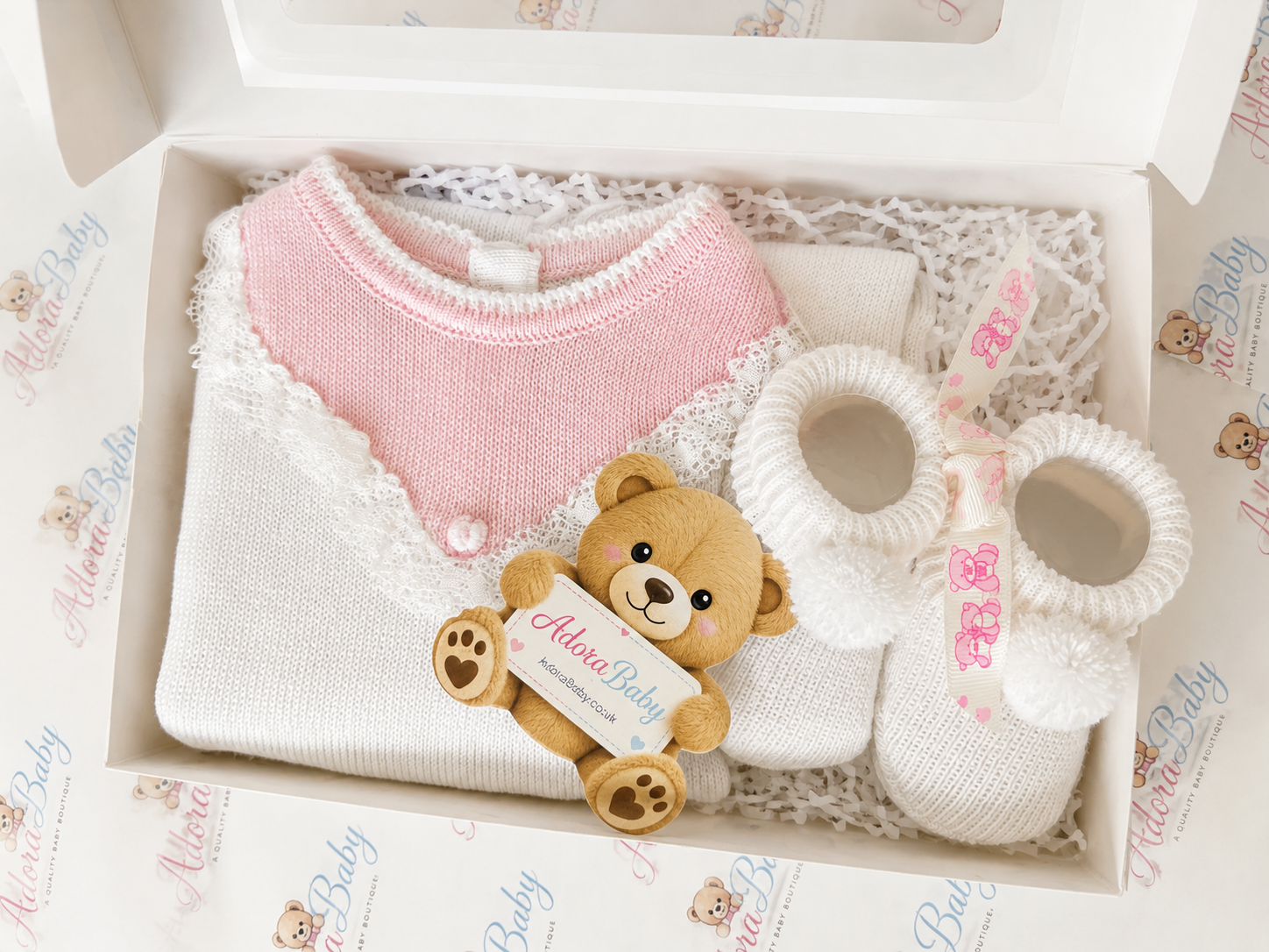Ad orababy.co.uk baby gift set in a white box, featuring a pink and white knit baby wrap, white knit booties with a pink bow, a small plush teddy bear, and apaw-print tag on a lace insert.