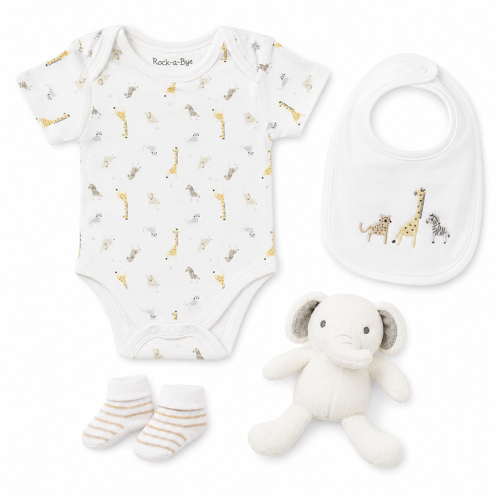 Rock-a-Bye Baby Neutral Safari 4 Piece Newborn Gift Boxed Set