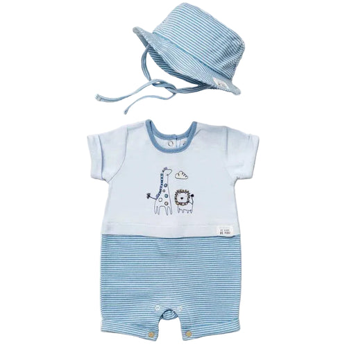 Baby romper with striped pattern and matching hat on a light background