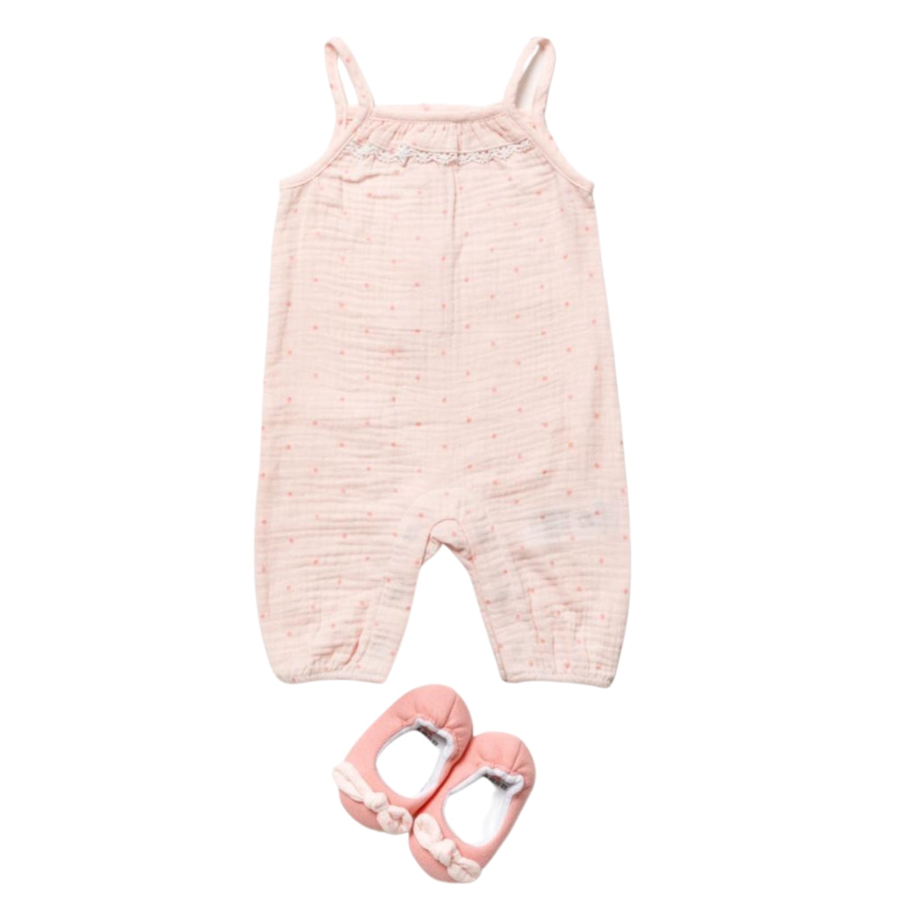 Pink baby romper with matching shoes on a white background | Adorababy