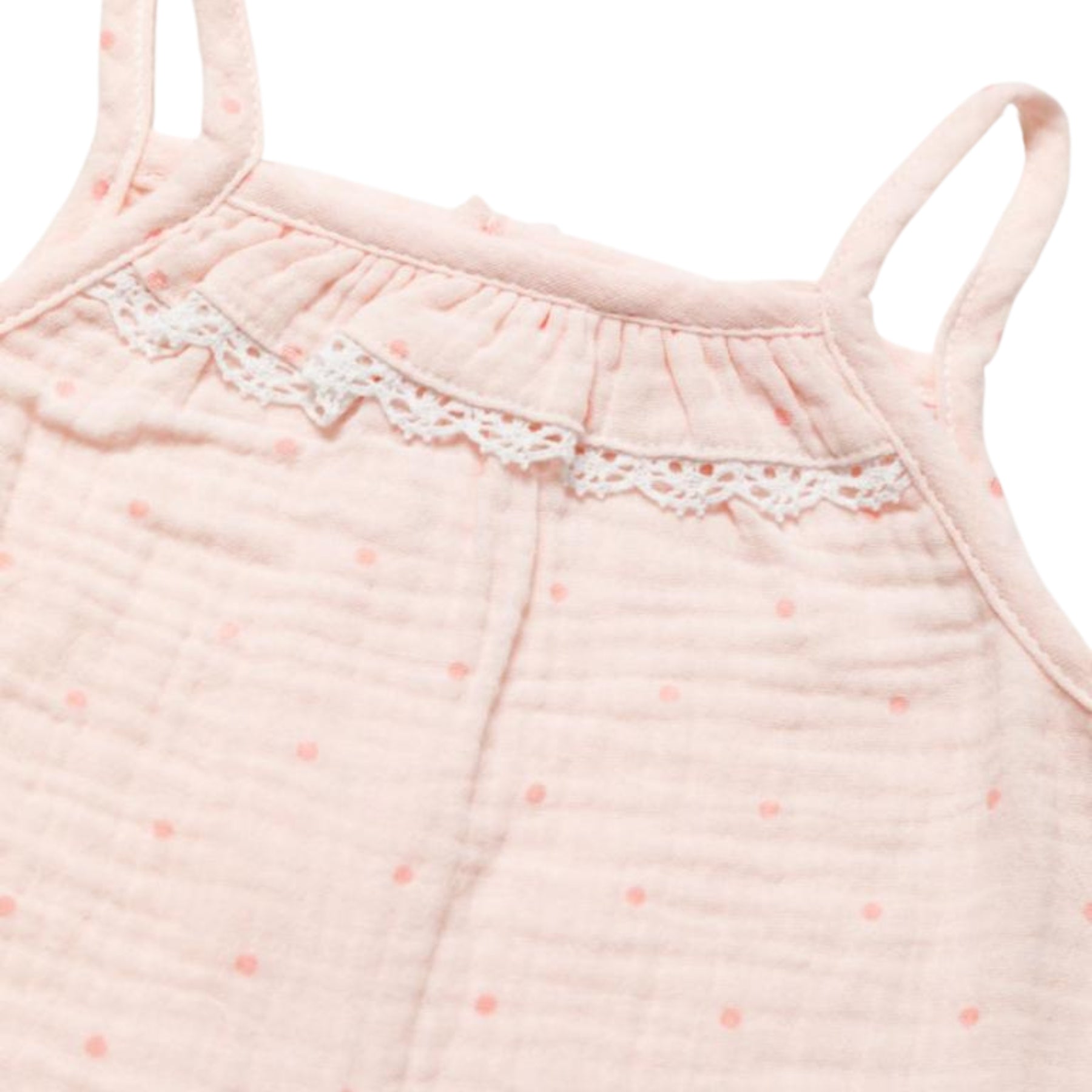 Pink sleeveless top with lace trim and small patterns on a light background |Adorababy