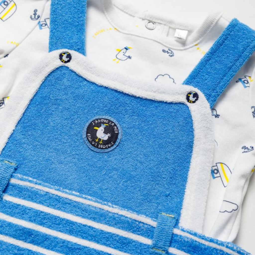 Blue baby overalls with a logo on a white background | Adorababy