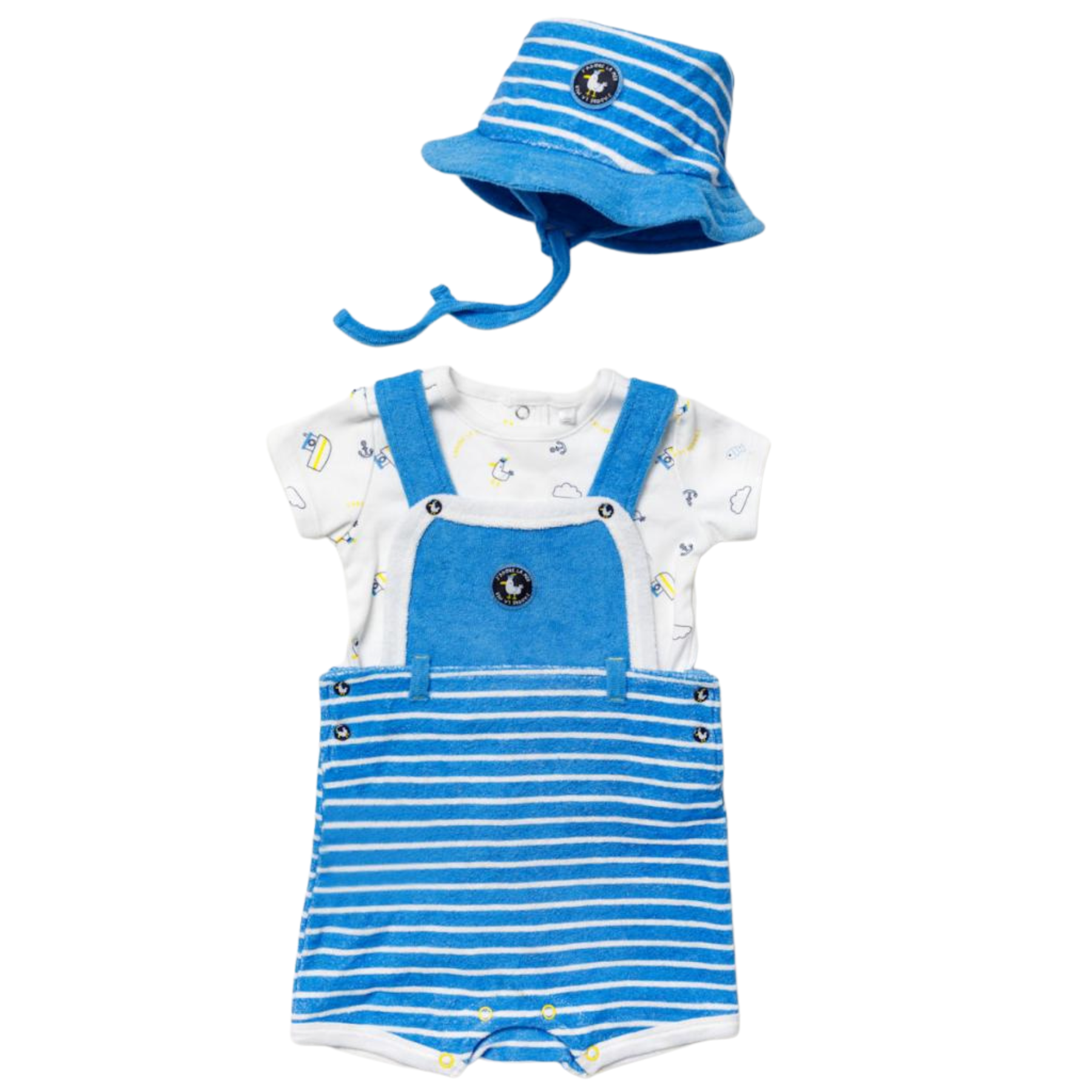 Baby outfit set with blue striped romper, shirt, and hat on a white background