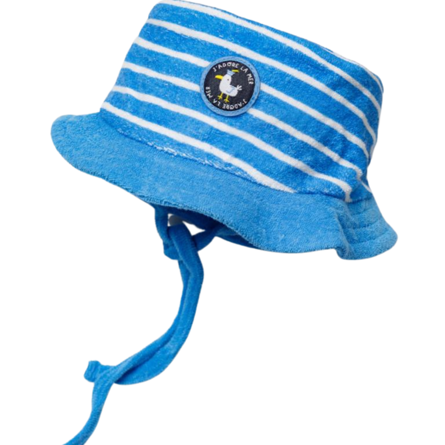 Blue and white striped bucket hat with a brand logo on a white background