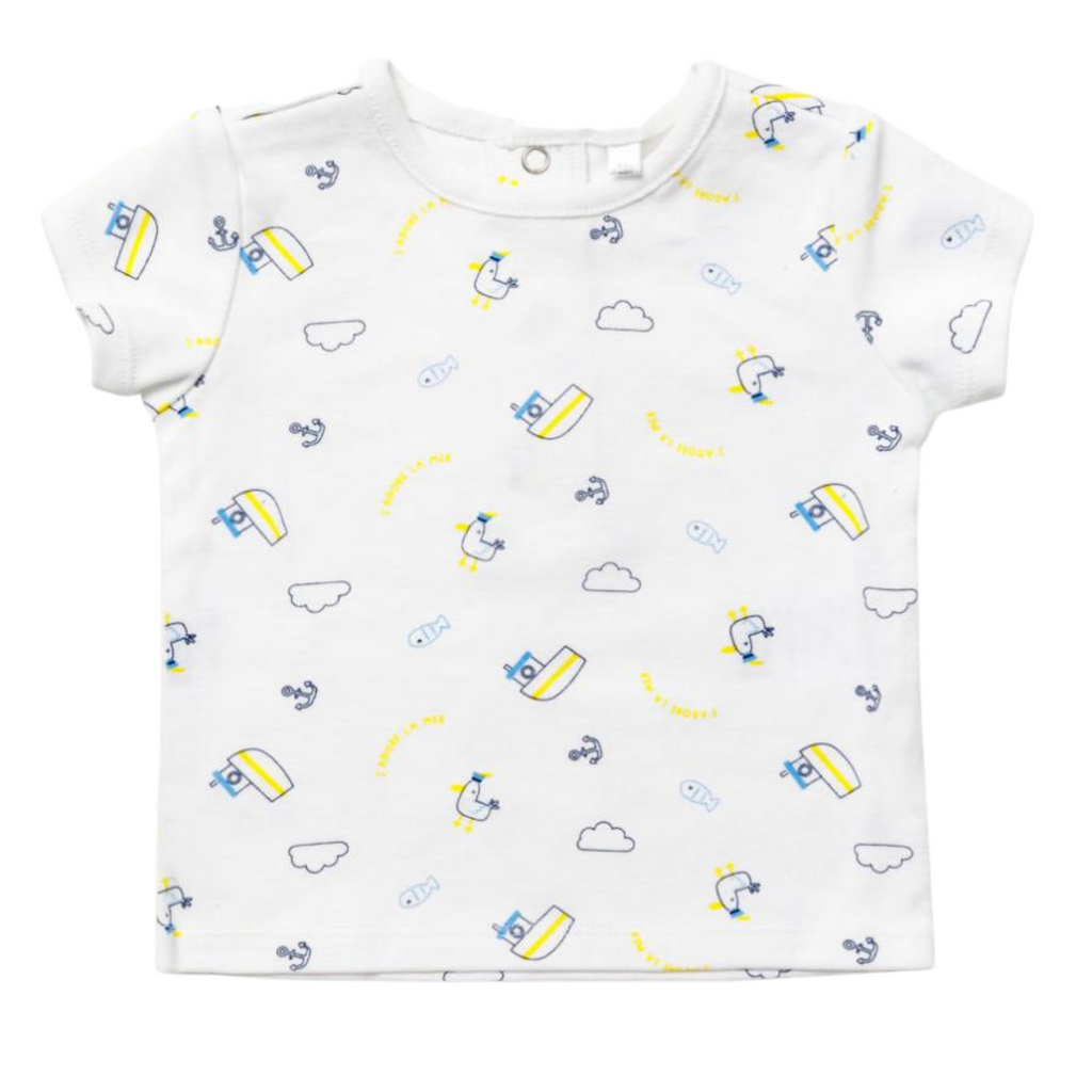 White t-shirt with boats pattern on a white background