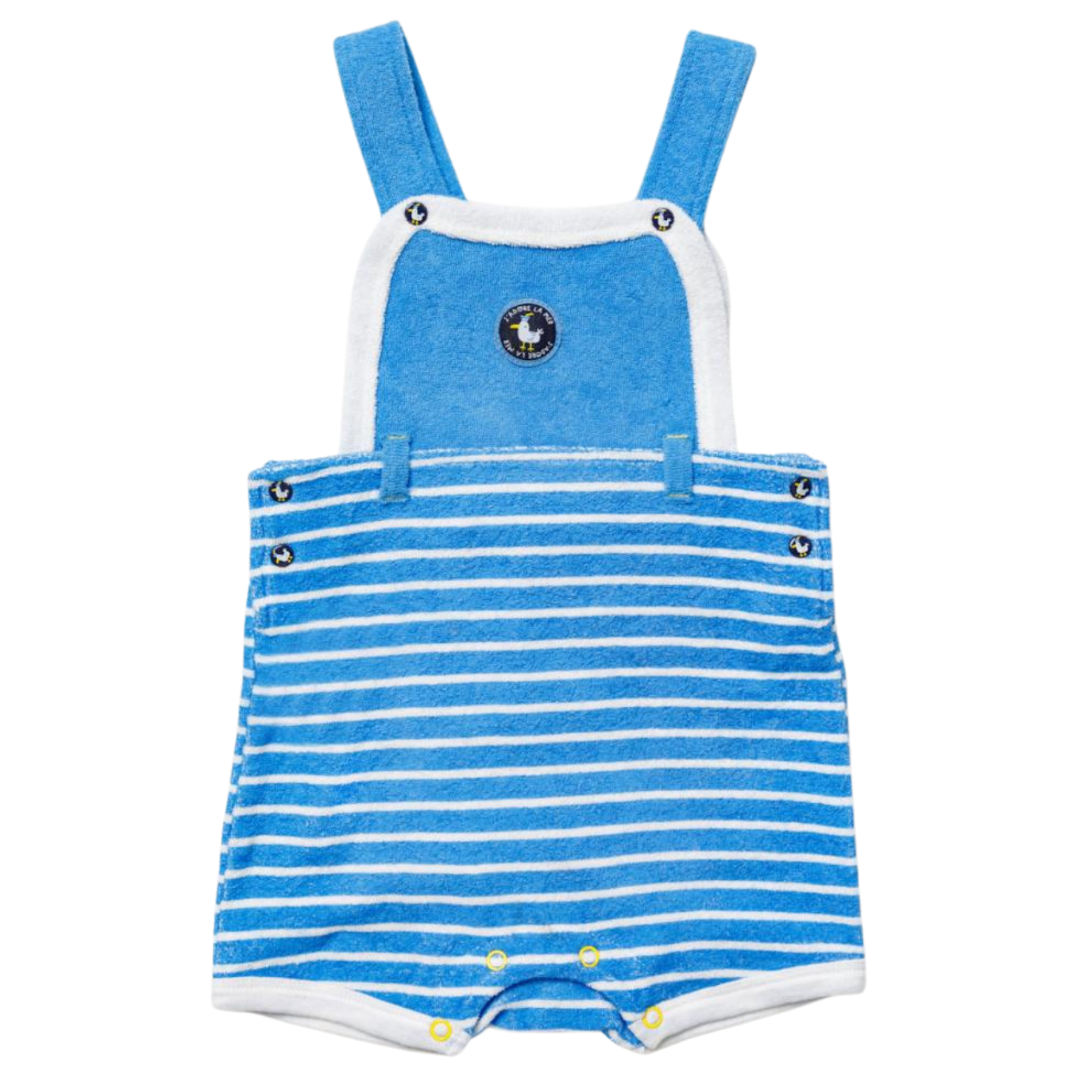 Bright Blue Stripe Terry Baby Dungarees, Jersey T-shirt & Hat Set