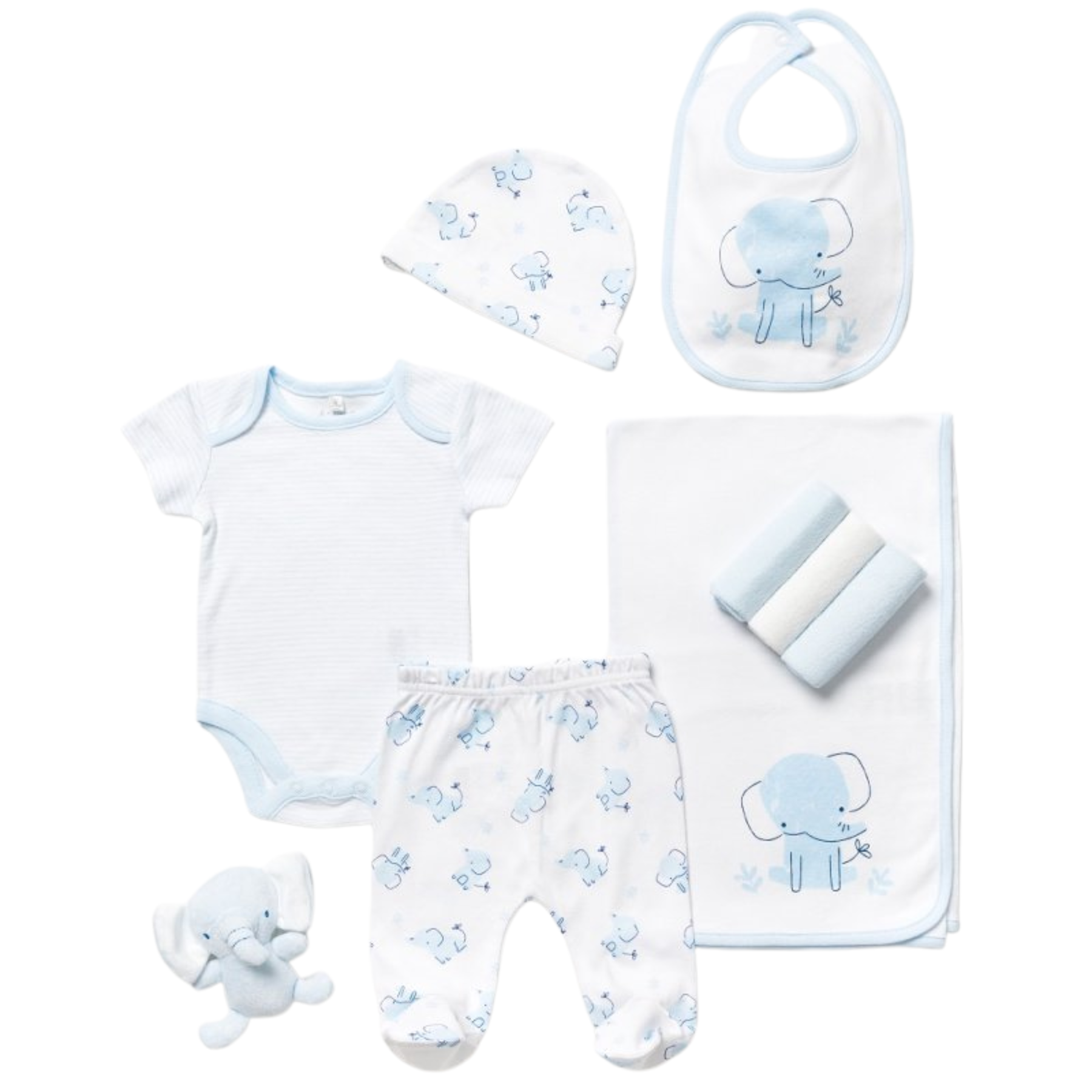 Baby clothing set with onesie, pants, bib, hat, and plush toy on a white background