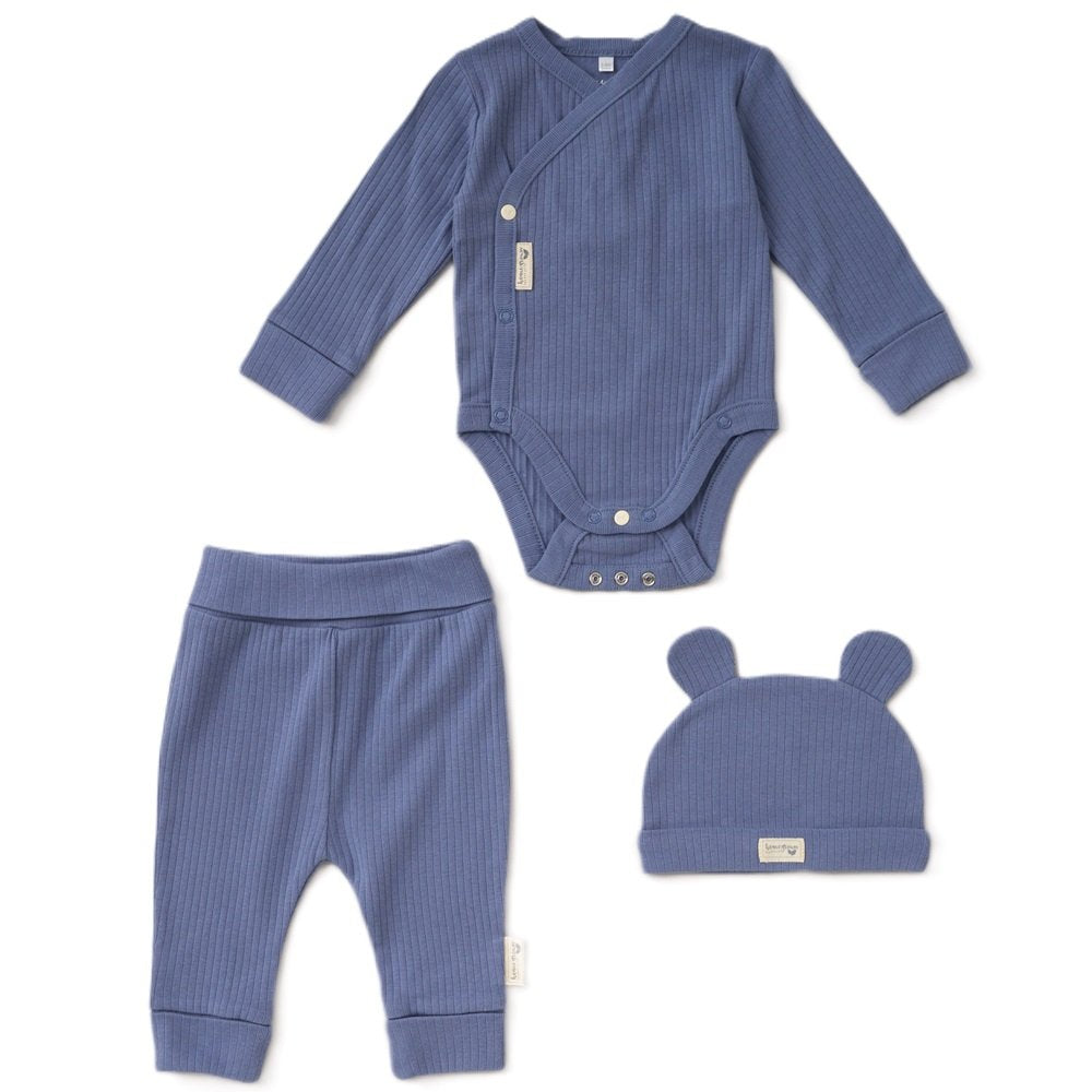 Home Grown Baby Dusky Blue Organic Cotton Ribbed 3 Piece Outfit