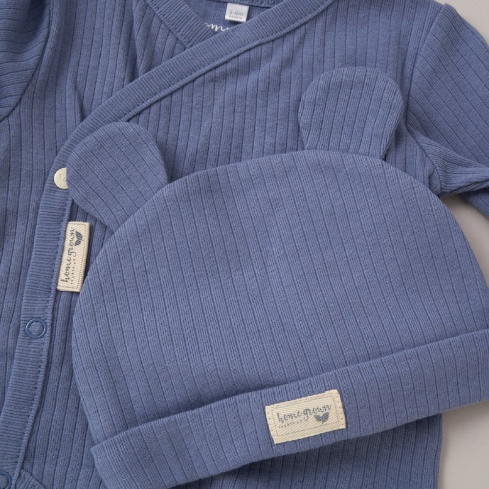 Home Grown Baby Dusky Blue Organic Cotton Ribbed 3 Piece Outfit