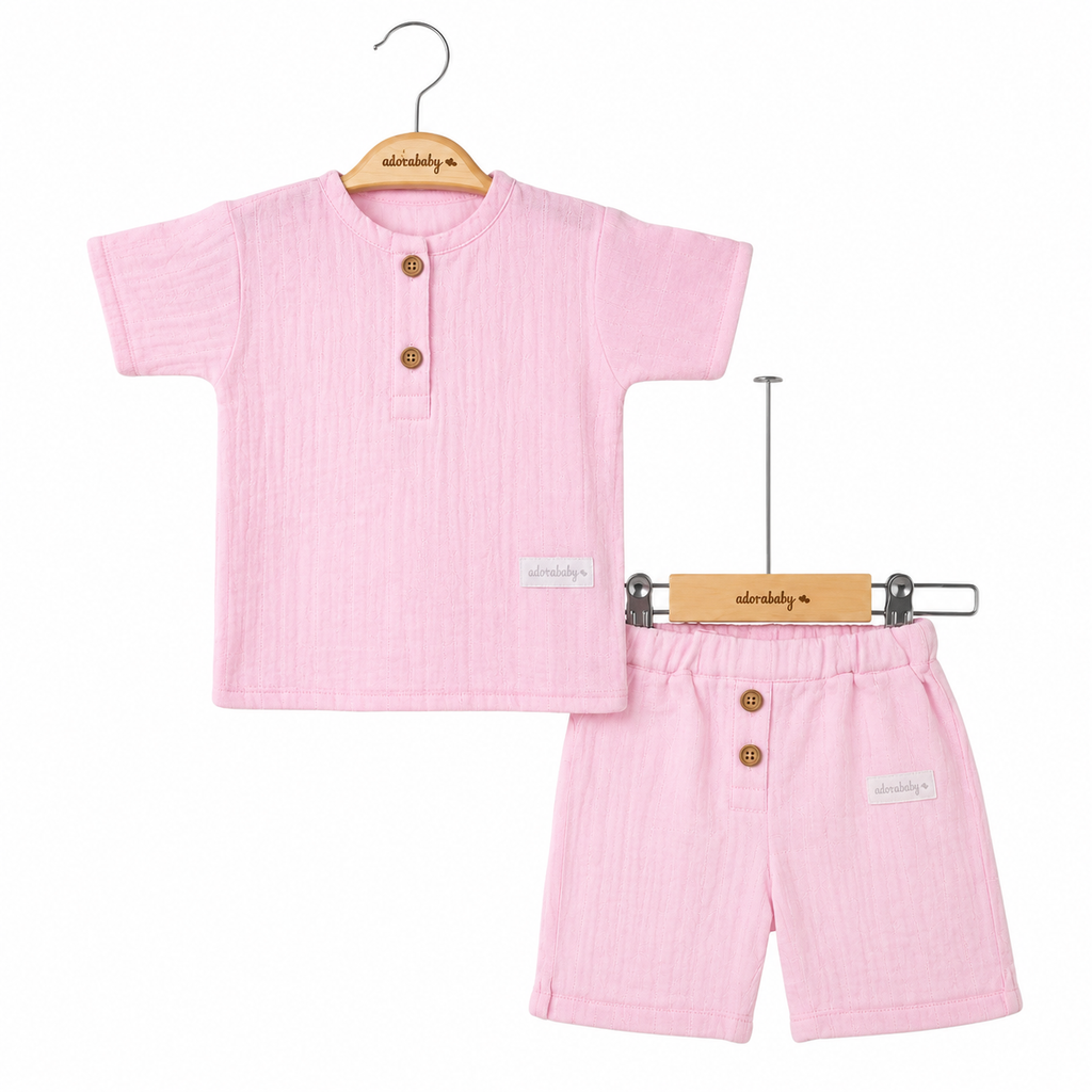 Pink Unisex Linen Style Baby Shirt & Shorts Set