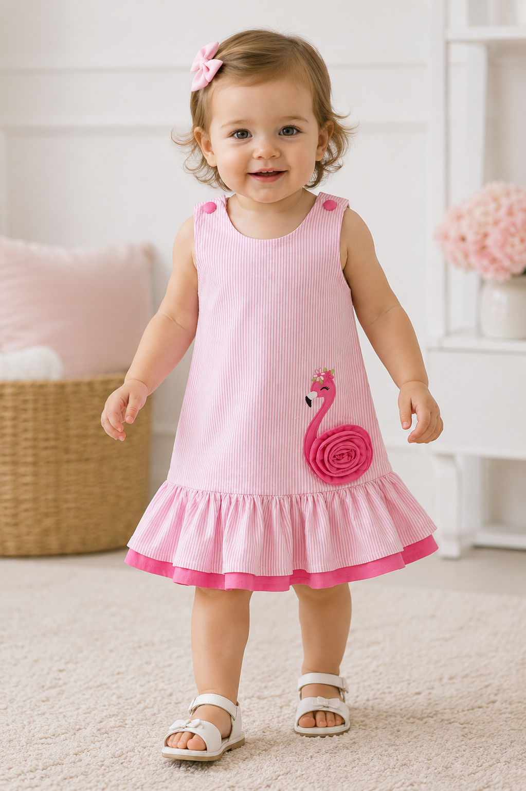 Child wearing a pink dress with a flamingo design in a bright room.