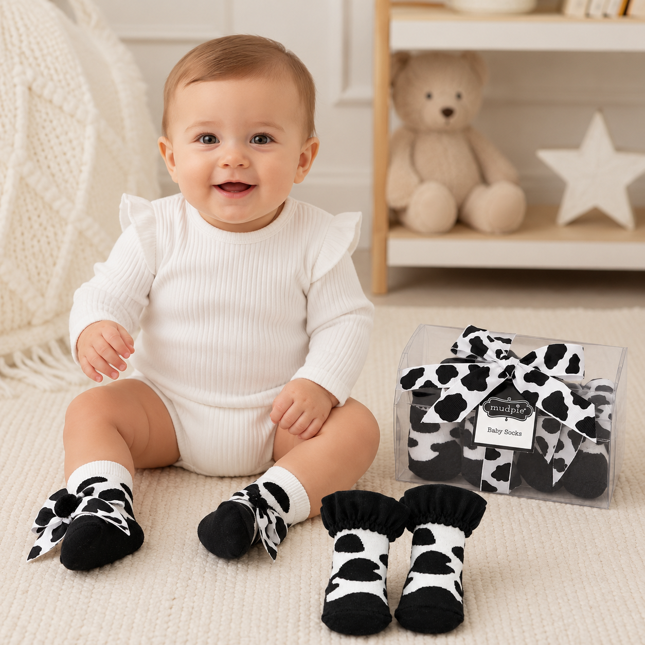 Cow Print Ruffle & Ribbon Bows Baby Socks Gift Set