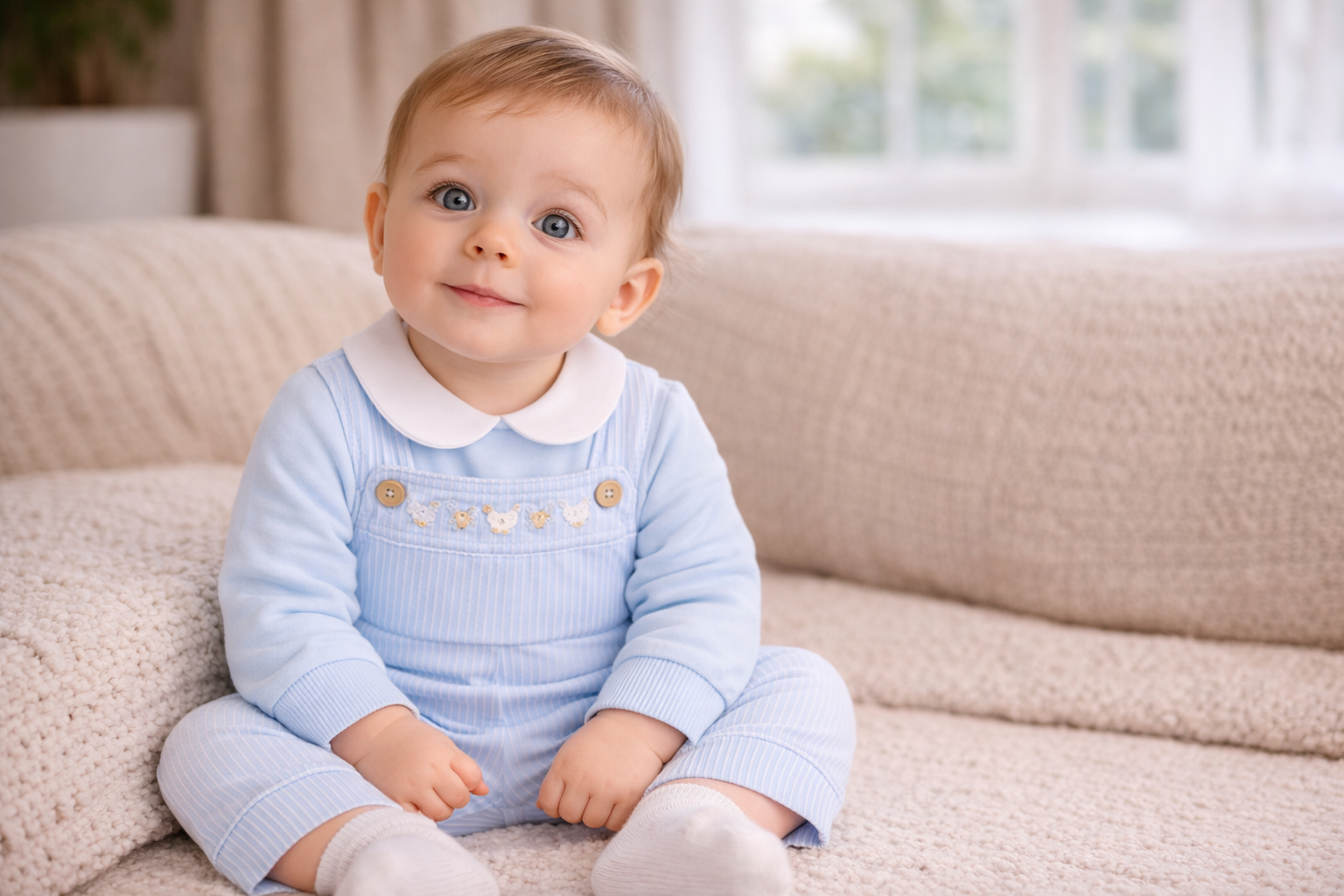 Baby wearing a light blue outfit with a white collar, sitting on a beige couch.