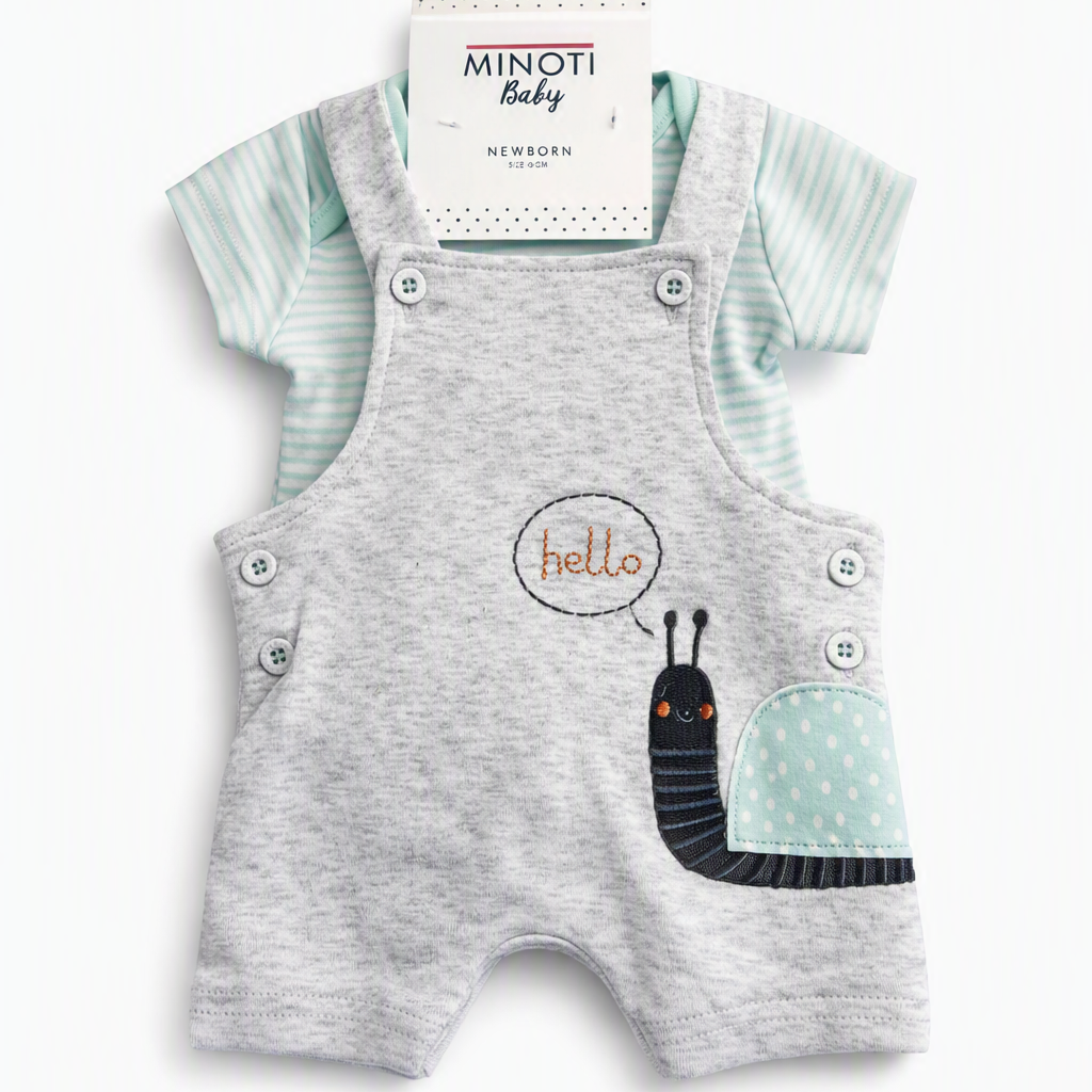 A baby short-sleeve romper set on a white hanger against a white background. The set includes a light gray heathered overall-style romper with a 'hello' speech bubble and snail graphic, paired with a mint green and white striped long-sleeve shirt.