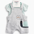 A baby short-sleeve romper set on a white hanger against a white background. The set includes a light gray heathered overall-style romper with a 'hello' speech bubble and snail graphic, paired with a mint green and white striped long-sleeve shirt.
