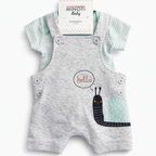 A baby short-sleeve romper set on a white hanger against a white background. The set includes a light gray heathered overall-style romper with a 'hello' speech bubble and snail graphic, paired with a mint green and white striped long-sleeve shirt.