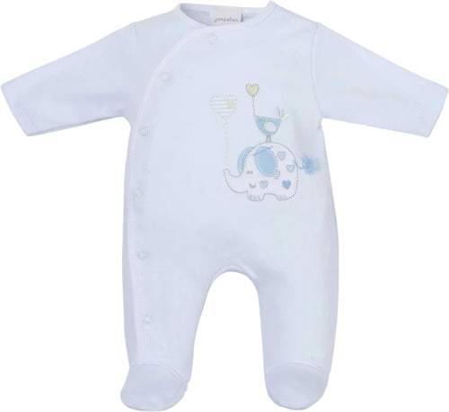 Baby onesie with blue elephant design on a white background