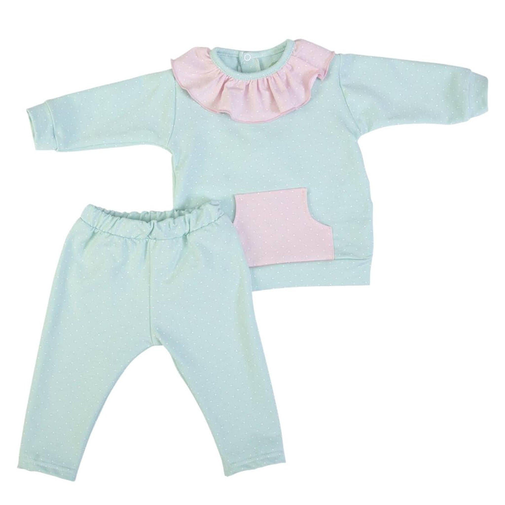FS BABY FS Baby - Mint & Pink Polkadot Ruffled Jog Set - Adorababy.co.uk