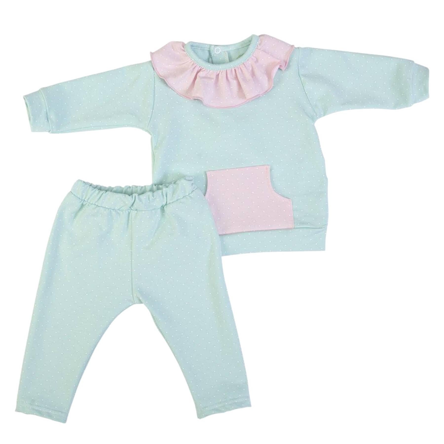 FS BABY FS Baby - Mint & Pink Polkadot Ruffled Jog Set - Adorababy.co.uk
