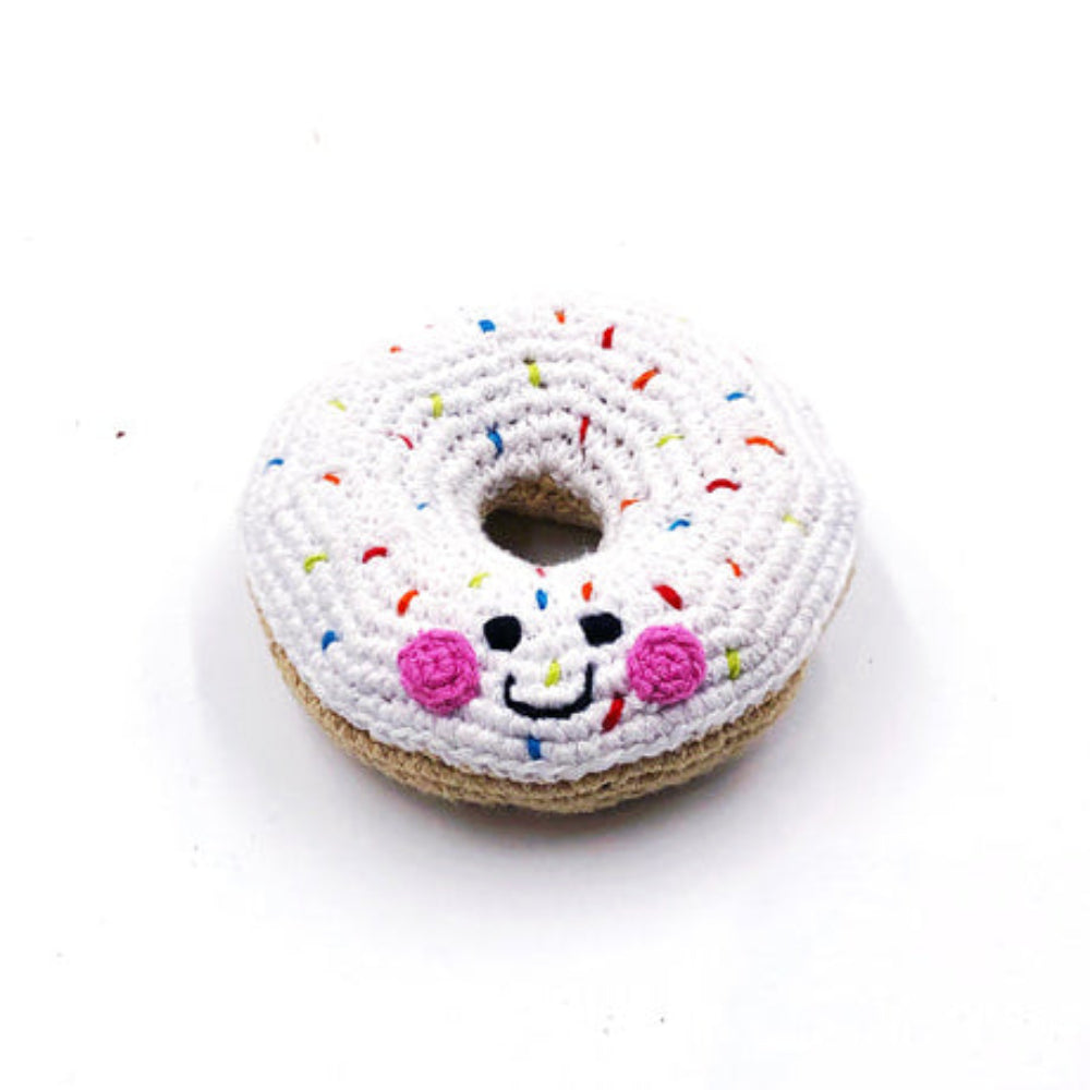 White friendly doughnut soft baby rattle toy | Adorababy.co.uk