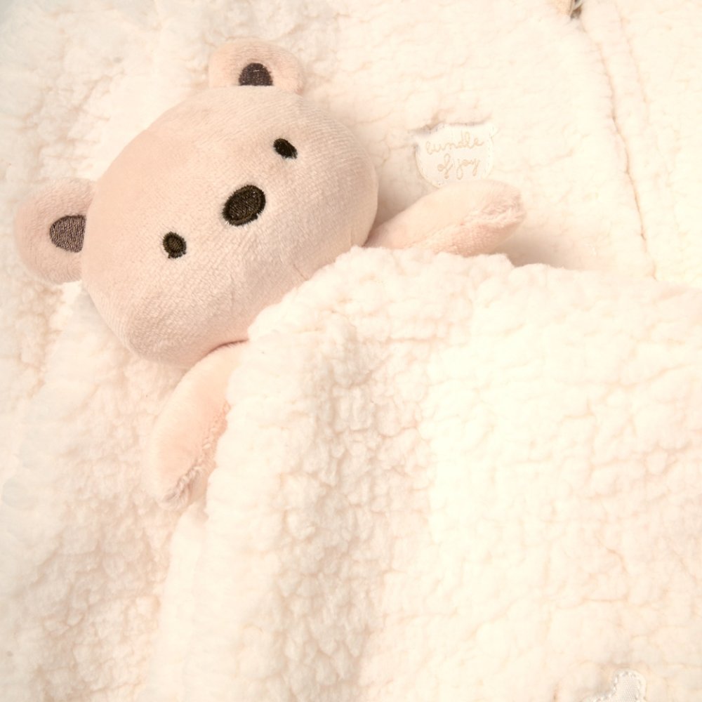 Rock A Bye Baby Unisex Borg Pramsuit & Bear Comforter Set – Cream