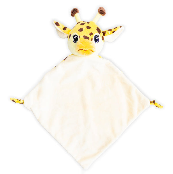 Plush giraffe toy with a white blanket on a white background