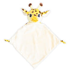 Plush giraffe toy with a white blanket on a white background