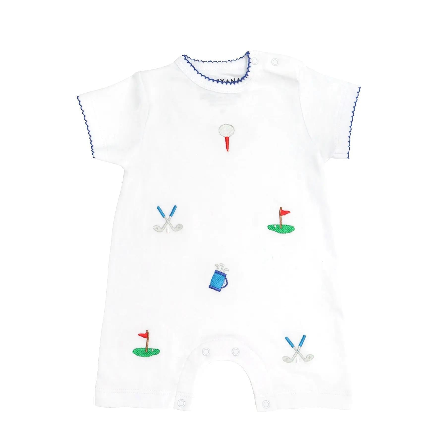 SAMMY + NAT White Pima Cotton Golf Embroidered Summer Romper - AdoraBaby.co.uk