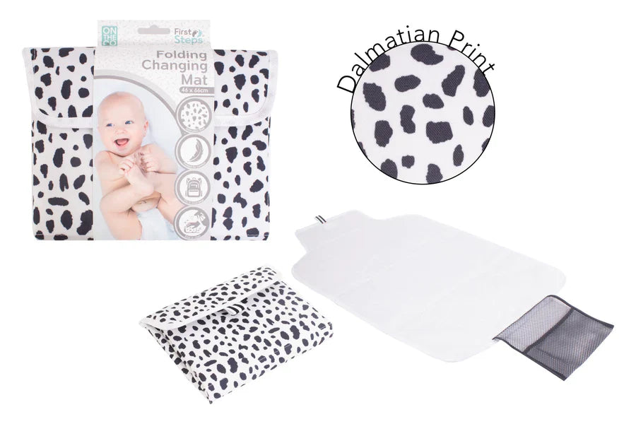 Folding changing mat with dalmatian print packaging and product on a white background AdoraBaby.co.uk