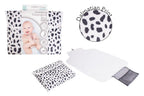 Folding changing mat with dalmatian print packaging and product on a white background AdoraBaby.co.uk