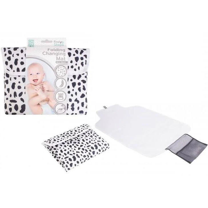 Dalmation dotty print Baby folding changing mat with packaging on a white background