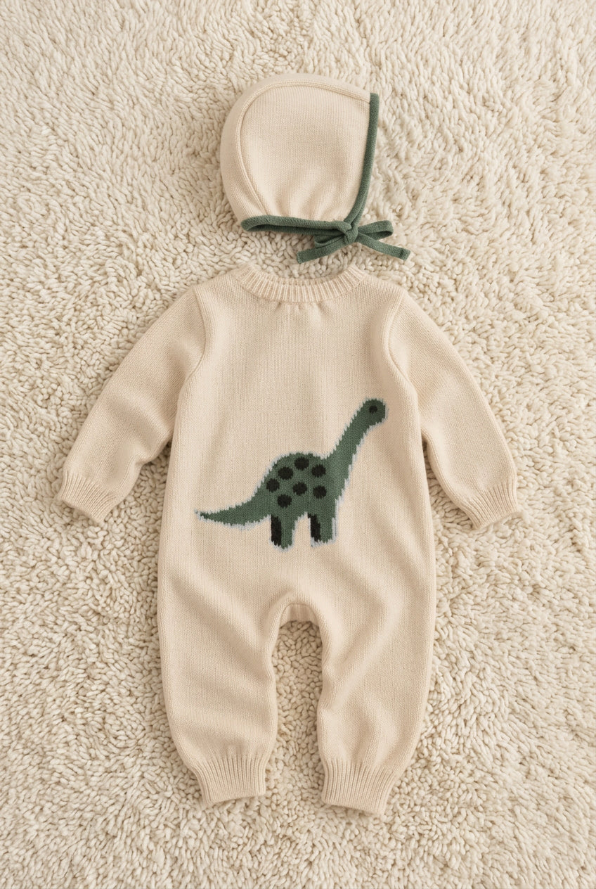 Sevva Baby Boys Ivory Dino knitted romper and bonnet set | AdoraBaby.co.uk