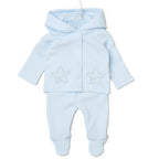 A baby's light blue hooded footed sleeper set, featuring a textured waffle-knit fabric, snap-button front, and embroidered star details on the chest.