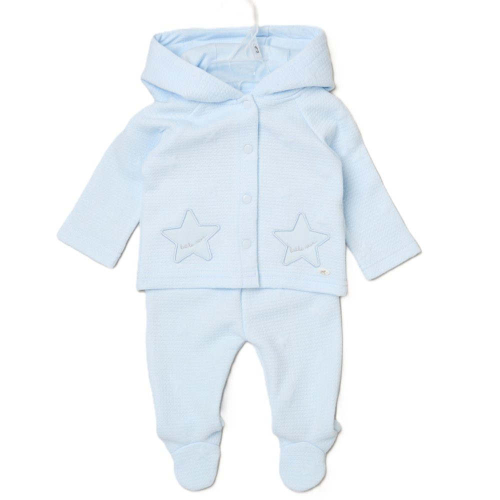 A baby's light blue hooded footed sleeper set, featuring a textured waffle-knit fabric, snap-button front, and embroidered star details on the chest.