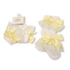 NURSERY TIME White with Lemon Satin Bow Lace Frilled Socks -Adorababy.co.uk
