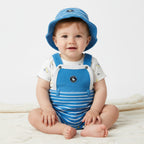 Baby wearing a blue outfit with a matching hat on a white background