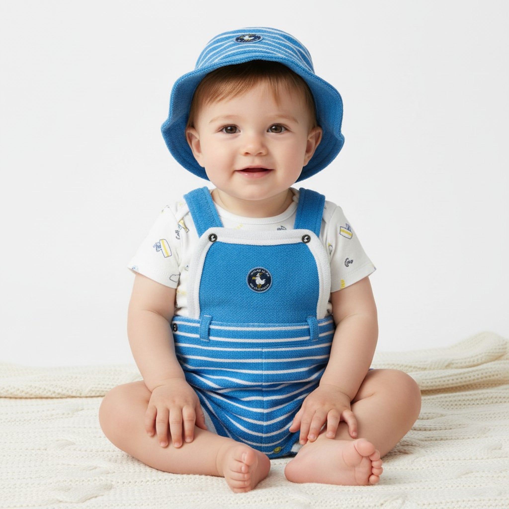 Baby wearing a blue outfit with a matching hat on a white background