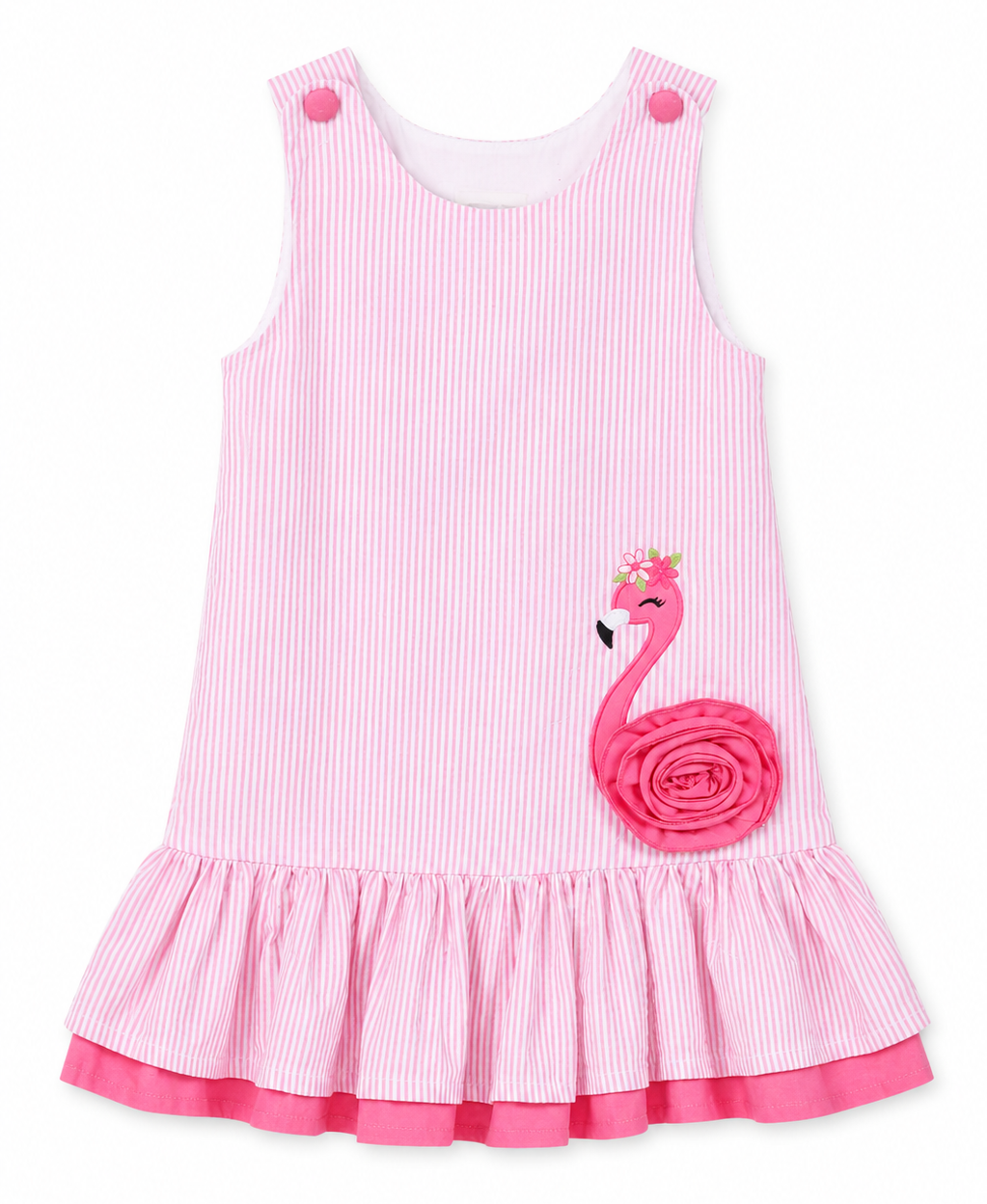 Pink dress with flamingo design on a white background | Adorababyco.uk