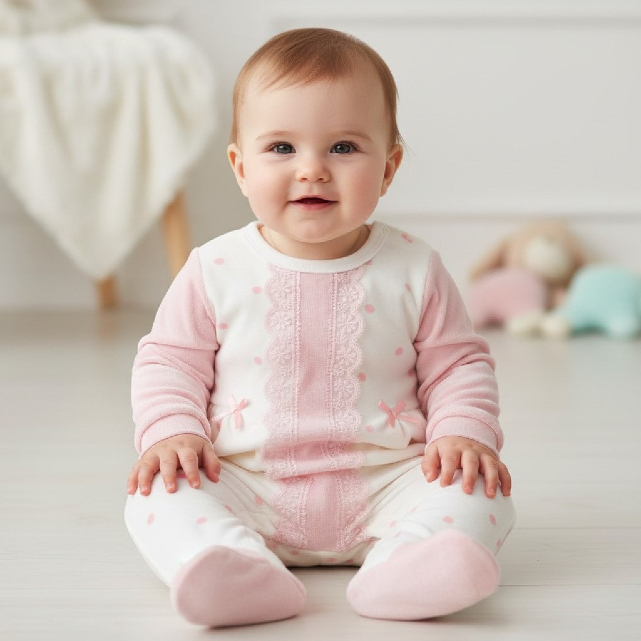 Baby wearing a pink and white outfit sitting on a light-colored floor.