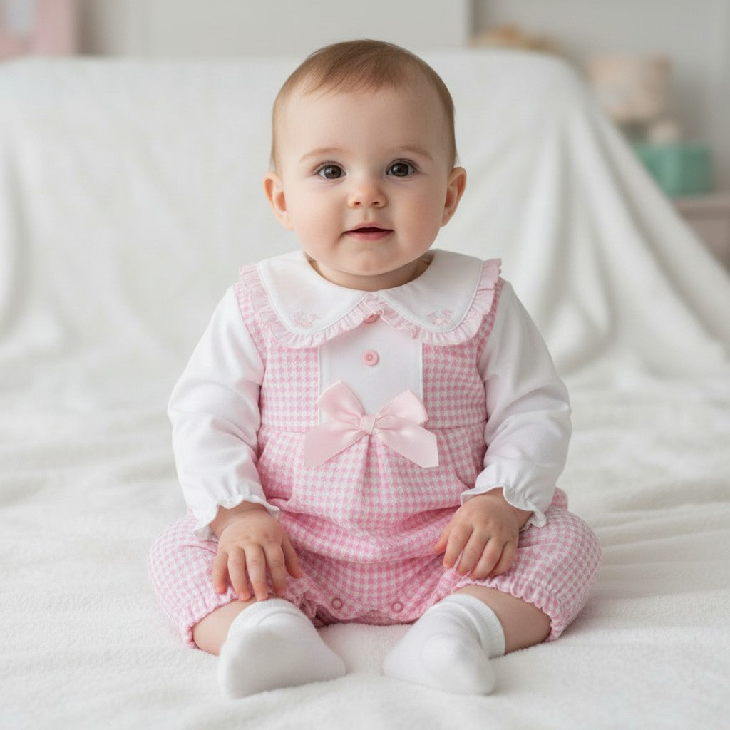 Pink & White Dogtooth Satin Bow Long Dungaree Set